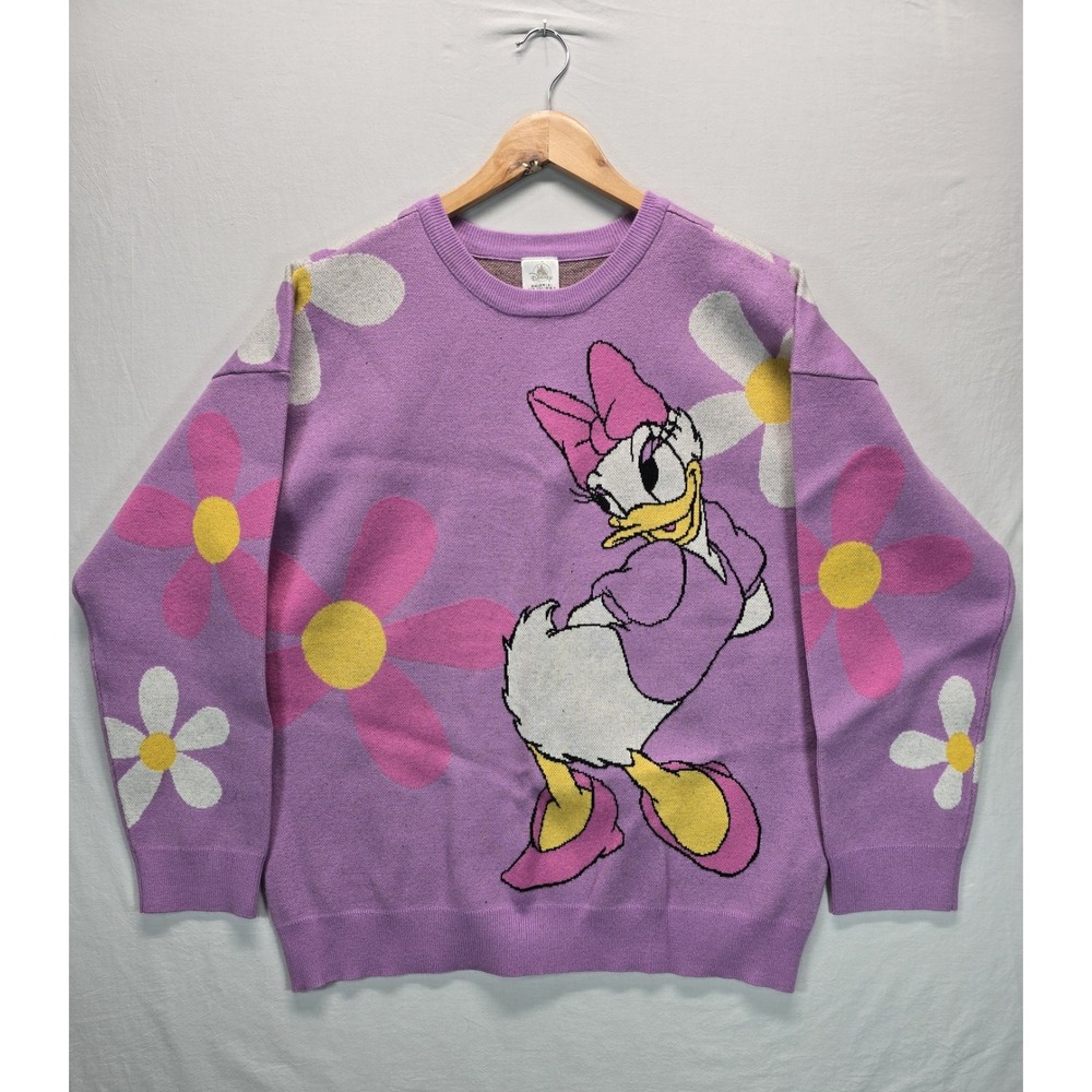 Disney Daisy Duck Floral Knit Sweater Purple Pink Flowers Womens L NWT
